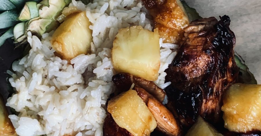 coconut rice and chicken in pineapple