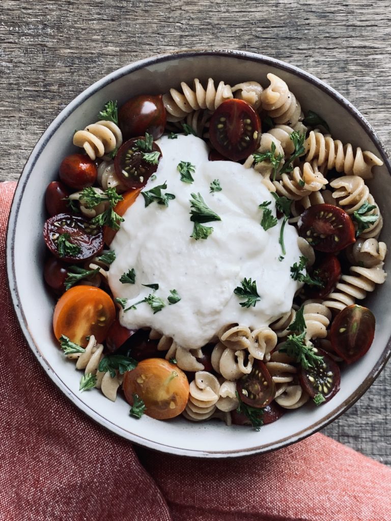 whole bowl of pasta with whipped burrata