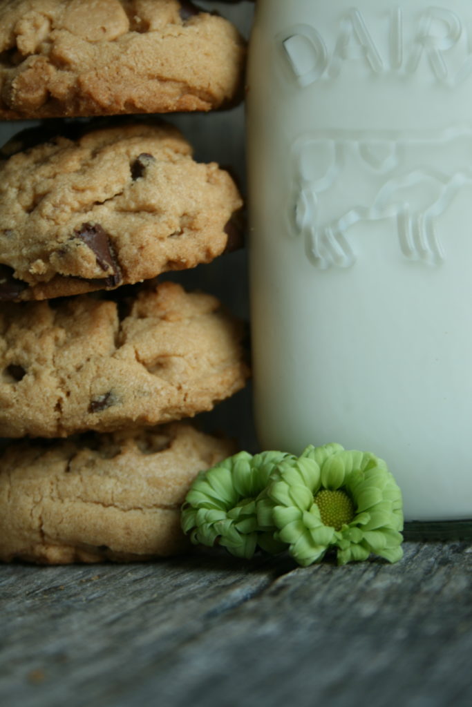 stack of peanut butter cookies and milk